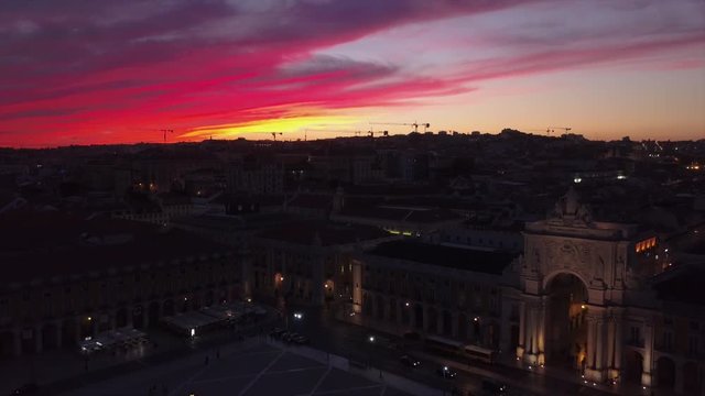 sunset sky lisbon city famous square aerial panorama 4k portugal
