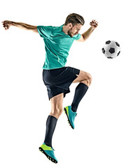 one caucasian soccer player man isolated on white background