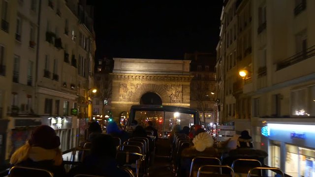 night time illumination paris double-decker bus ride traffic street panorama 4k france

