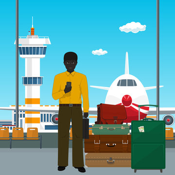 African American Man with Luggage Waiting for Boarding a Plane, View through the Window at the Runway with Plane and Control Tower, Travel Concept, Vector Illustration