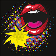 Obraz premium Comic lips shout Speech Bubble Pop Art On Dot black Background Vector Illustration
