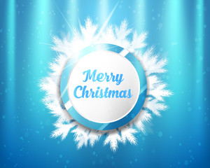 Merry Christmas lettering with blue and white circles and tree branches on lighting background.Vector illustration.