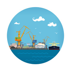 Cargo Sea Port Icon, Loading or Unloading Oil from the Tanker ,Sea Freight Transportation, Logistic, Vector Illustration