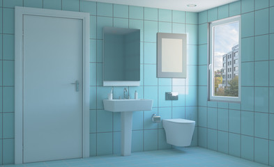 Modern bathroom with large window. 3D rendering. Empty picture.