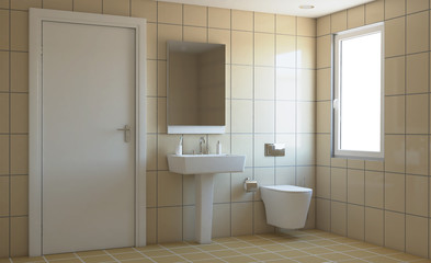 Fototapeta na wymiar Modern bathroom with large window. 3D rendering.