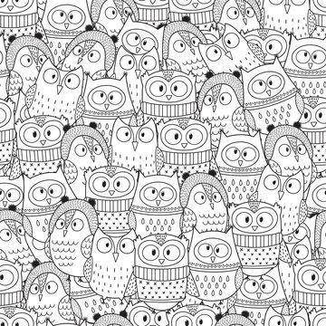 Owls in winter seamless pattern for coloring book. Black and white background. Vector illustration