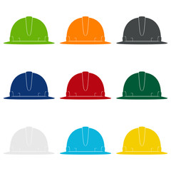 Set of Working Hard Hat in Nine Colors, Colored Safety Helmets on a White Background , Vector Illustration