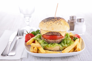 beef burger with french fries