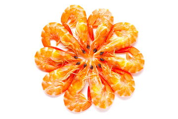 Cooked shrimps isolated on white background.