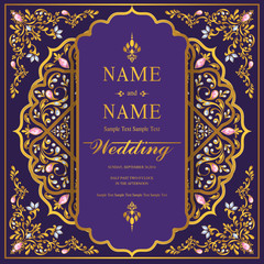 Wedding Invitation card templates with gold patterned and crystals on background color. 