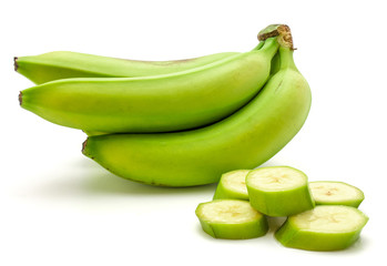 One plantain cluster and slices isolated on white background.