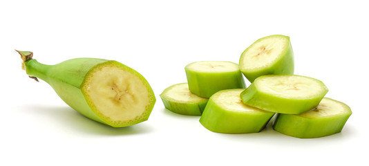 One whole and sliced plantain isolated on white background.