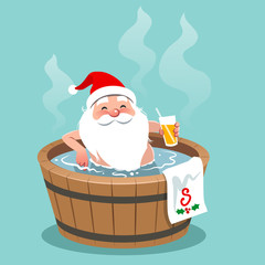 Vector cartoon illustration of Santa Claus sitting in a wooden barrel hot tub, holding glass of orange juice. Christmas theme design element, flat contemporary style, isolated on aqua blue