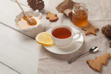 Still life, food and drink, healthcare concept, cup of tea with lemon and honey