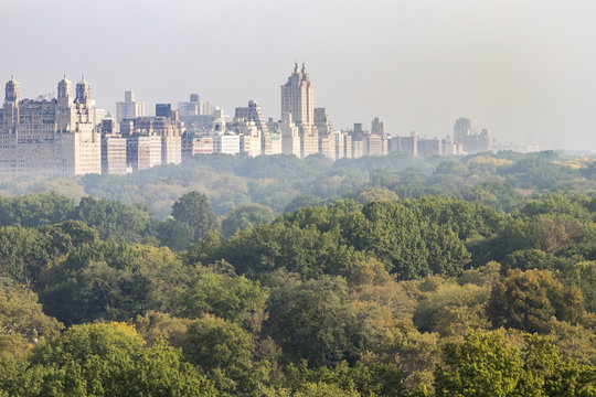 New York City foggy panoramic landscape view of the historic buildings of the Upper West Side towering above the trees of Central Park in Manhattan, NYC