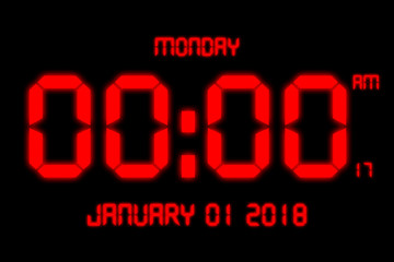 2018 happy new year, red text digital with black background
