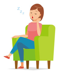 Illustration that a mum wearing a short sleeve dress sleeps on the sofa