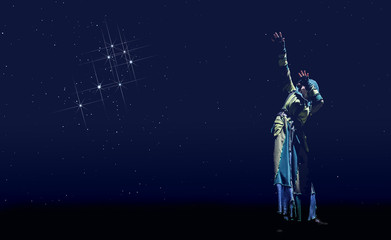 Das Sternbild Die Plejaden steht am Nachthimmel, eine seltsame Frau zeigt in den Himmel