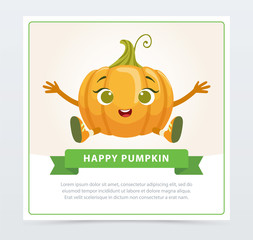Cute humanized gourd vegetable character , happy pumpkin banner flat vector element for website or mobile app