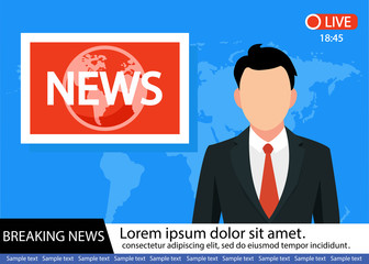 Anchorman on tv broadcast news. Breaking News vector illustration. Media on television concept.