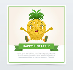 Cute humanized ananas fruit character, happy pineapple banner flat vector element for website or mobile app