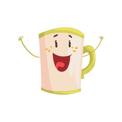 Tea mug cartoon character, element for menu of cafe, restaurant, kids food, vector Illustration