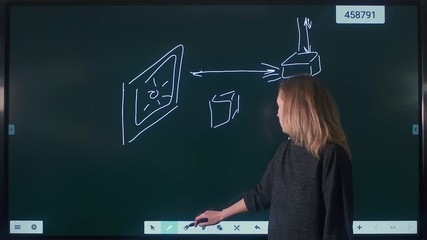 Woman writes and draws on the interactive whiteboard. New technology for school - Powered by Adobe