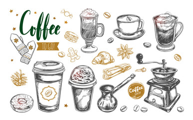 Coffee and Coffee to go set. Vector hand drawn illustrations. Handwritten Lettering, Calligraphy. Sketch style. Isolated objects