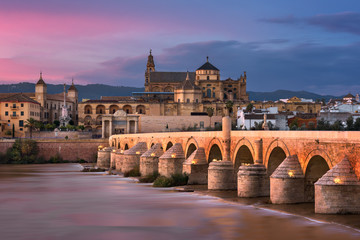 Roman Bridge and Cordoba Skyline at Sunset, Andalusia, Spain
