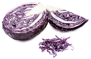 Group of sliced purple cabbage, one half, two quarters and shredded or chopped heap, isolated on...