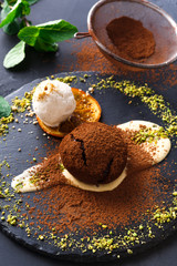 Chocolate fondant with creme anglaise and vanilla ice cream