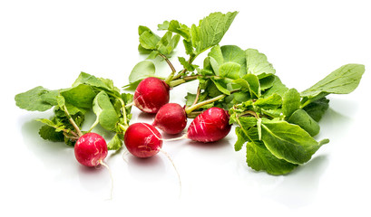 Five whole red radish with fresh green leaves isolated on white background.