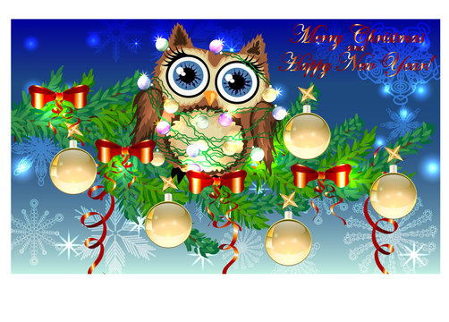 Lovely cartoon owl tangled in a garland of glowing light bulbs on a spruce branch decorated with balls, garlands. Christmas card