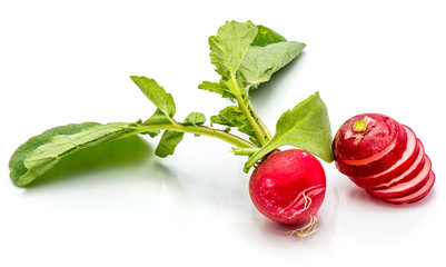 One bulb of red radish with leaves, sliced round circles, isolated on white background.