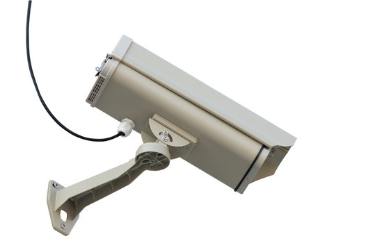 Surveillance camera, isolated white background.Security camera in housing protection with arm holder and  cable, side view..