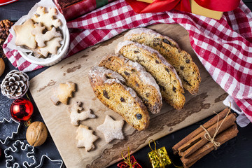 Christmas cookies background. Ginger dough for gingerbread, star, Christmas tree,Biscuits