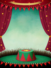 Fantasy illustration or poster for  performance  theatre or  circus  with curtains and  podium.  © annamei