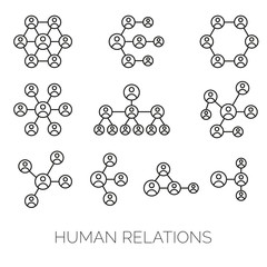 Human relations simple charts. Hierarchy, connections, organizations diagrams vector illustrations.