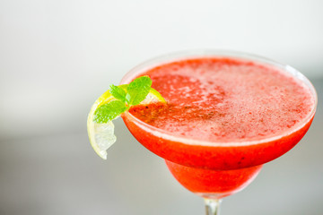 Strawberry Cocktail Margarita with Lime and Mint Leaves, Close-up Horizontal View, Wallpaper
