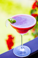 Strawberry Cocktail Margarita with Lime and Mint Leaves, Summer Time, Vertical View