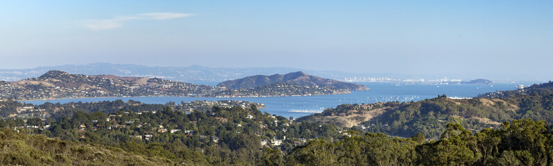 Panoramic view of the San Francisco bay area seen from an overlook in the hills of Marin County,...