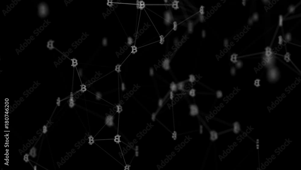 Poster connection between the icons bitcoin.cinematic background.3d animation. seamless loop.