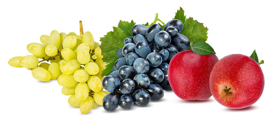 Fresh grapes and apples isolated on white background with clipping pass