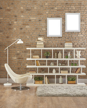 Modern brick walls and beautiful living room library and frame