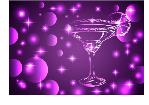 Golden outline of glasses with a cocktail on a pink background with stars and lights, disco, club, neon glow