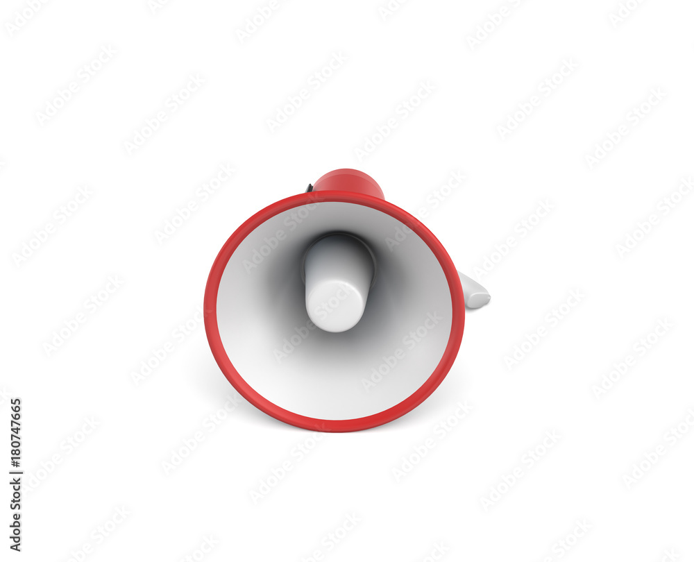 Poster 3d rendering of a single red and white megaphone lying in side view on white surface.