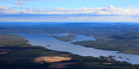 View from the peak of the mountain Hovaerken of the lake Lofssjoen in Sweden
