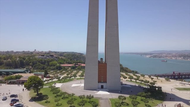 sunny day lisbon city christ the king famous monument aerial panorama 4k portugal
