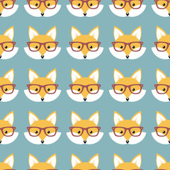 Cute cartoon foxes, Vector seamless pattern with foxes faces in glasses