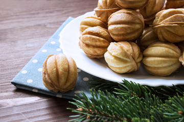   Christmas background. Cookies on a plate with a branch of a Christmas tree. Selective focus.